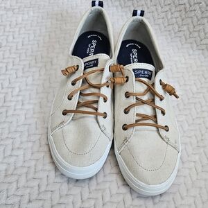 Sperry Womens 11 Top Slider Crest Vibe Canvas Sneaker in Oat Slide Slip On Tan